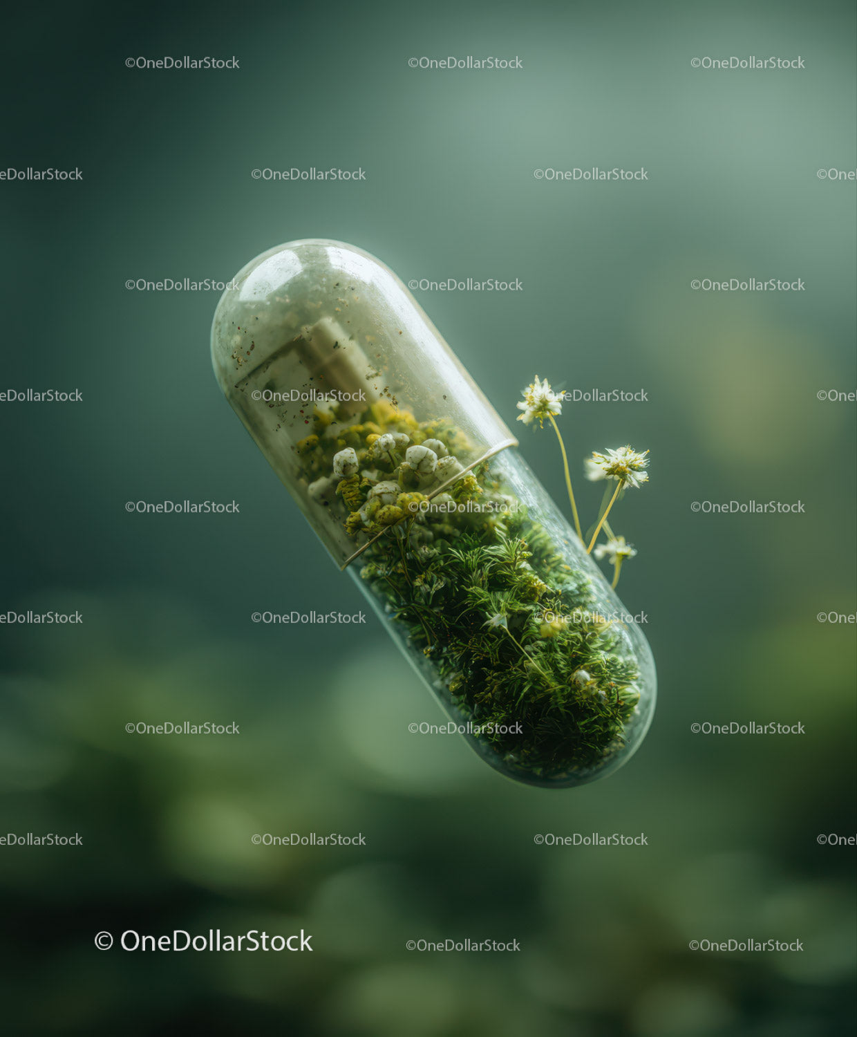 Herbal Capsule with Green Moss and White Flowers for Natural Health