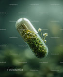 Herbal Capsule with Green Moss and White Flowers for Natural Health