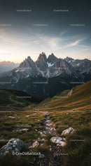 Majestic Mountain Range with Rugged Peaks and Scenic Hiking Trail