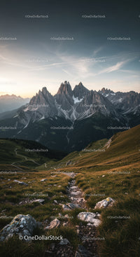 Majestic Mountain Range with Rugged Peaks and Scenic Hiking Trail