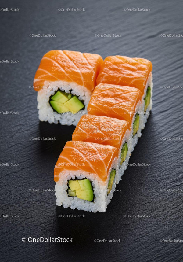 Fresh salmon avocado sushi rolls on dark slate plate