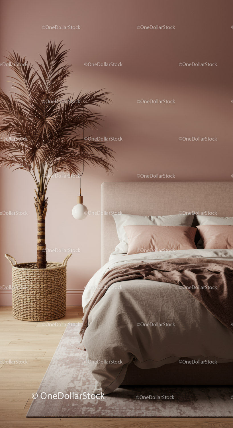 Stylish Modern Bedroom Scene with Indoor Plant and Soft Bedding