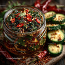 Vibrant Spicy Cucumber Kimchi in Glass Jar with Fresh Vegetables