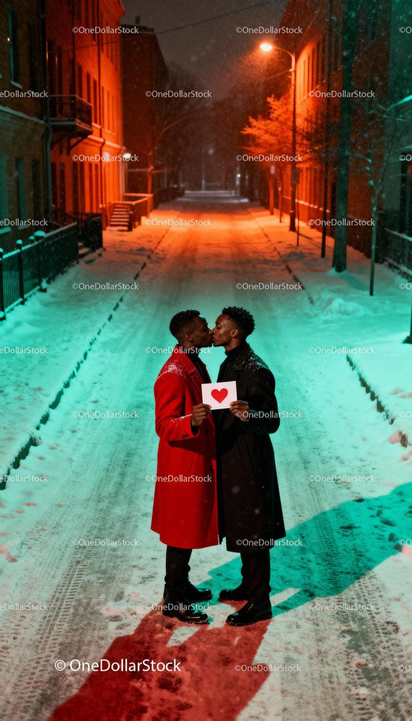 Couple sharing a kiss on snowy street with heart card