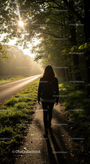 Woman walking alone on forest path at sunrise