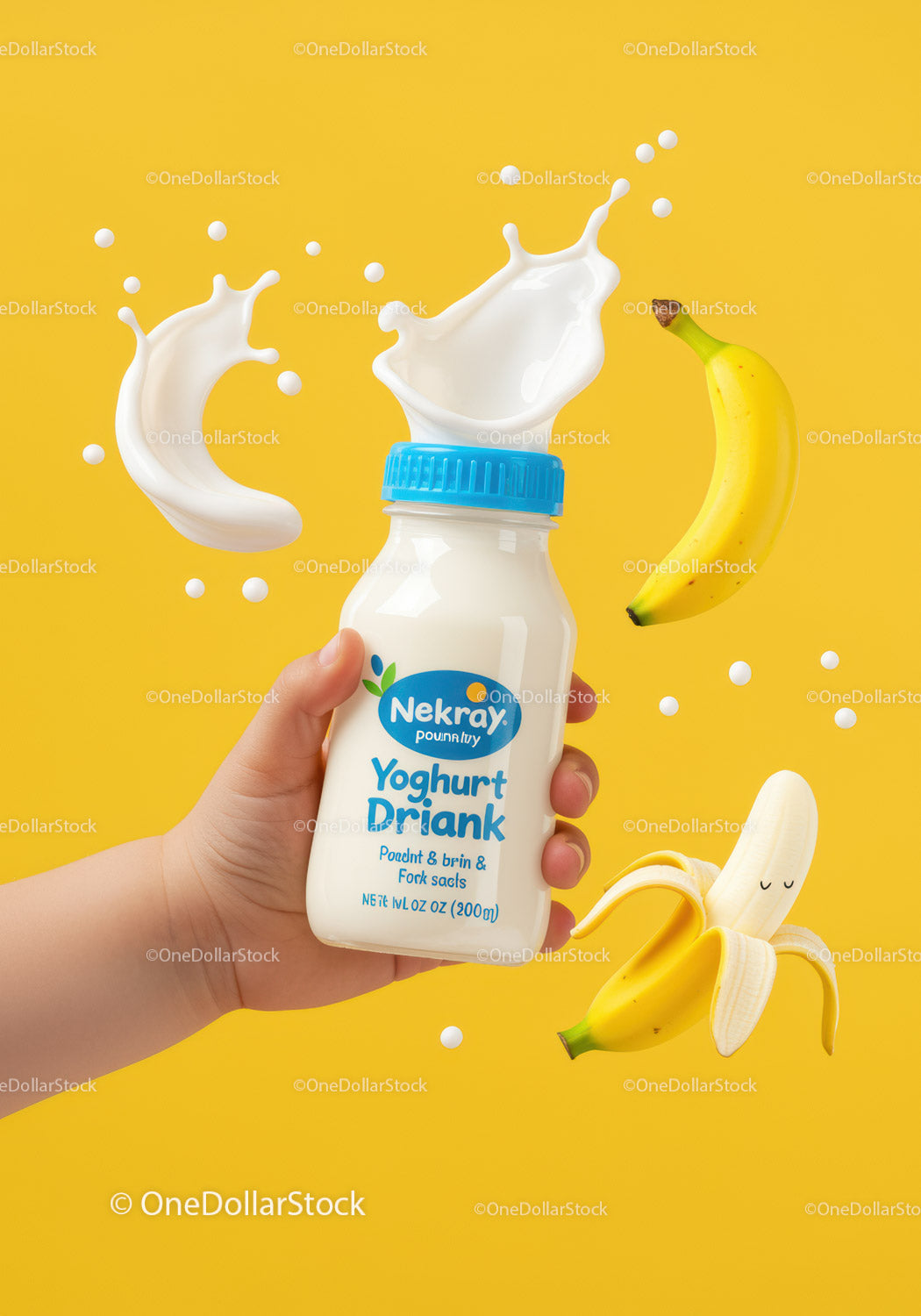 Hand Holding Yogurt Drink with Fresh Bananas Splash