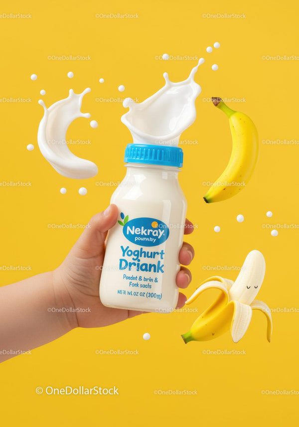 Hand Holding Yogurt Drink with Fresh Bananas Splash