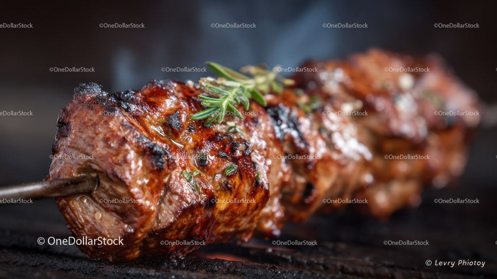 Juicy Grilled Meat Skewers with Charred Edges on Open Flame