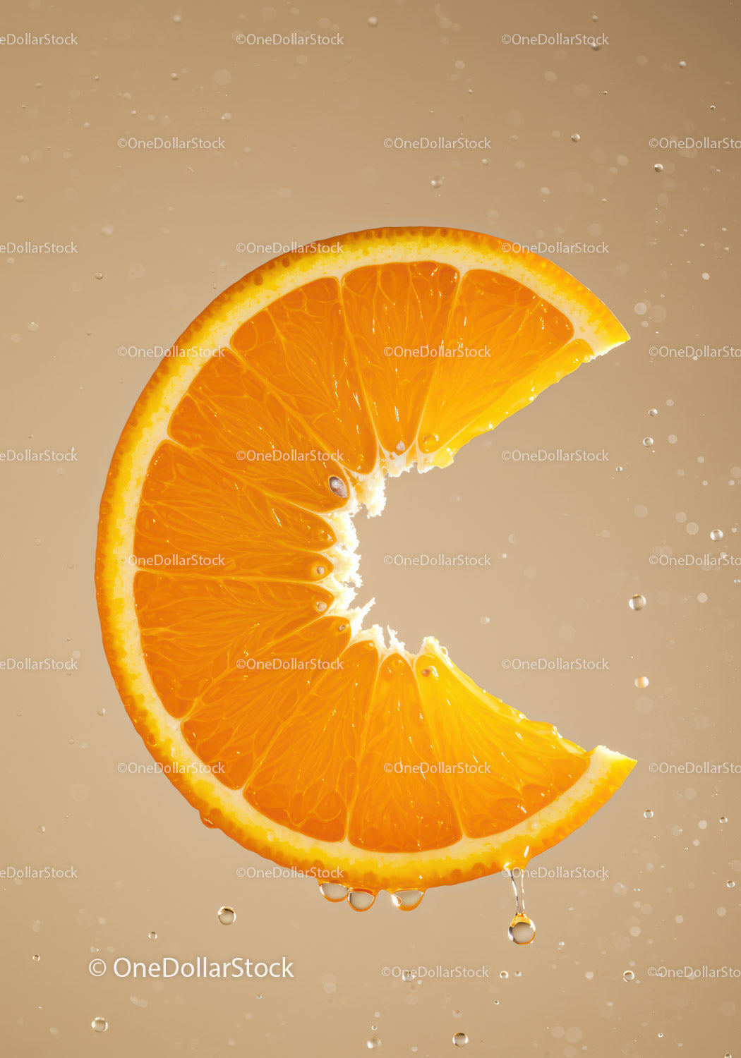 Fresh Orange Slice with Water Drops on Light Background