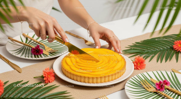 Woman Slicing Lemon Tart on Tropical Decorated Table for Summer Party