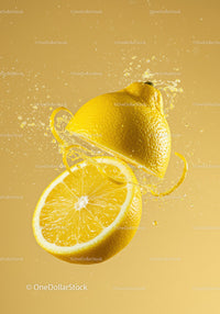 Fresh lemon halves splashing in bright liquid