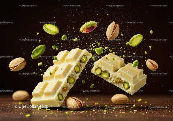 White chocolate bar with pistachios breaking apart