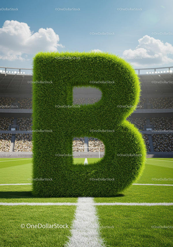 Olbrzymia trawiasta litera B na boisku piłkarskim w stadionie