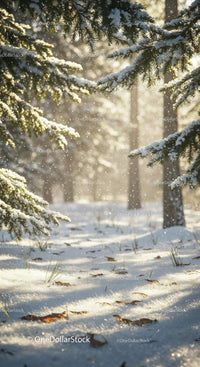 Sunlit Snowy Forest with Pine Branches and Falling Snow