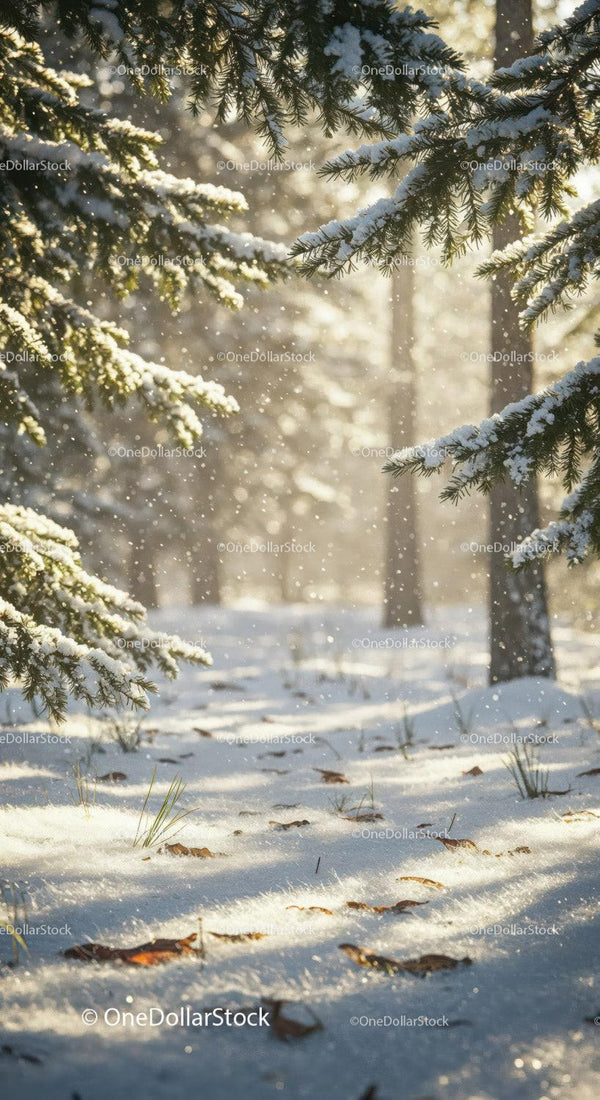 Ośnieżony las oświetlony słońcem z gałązkami sosny i padającym śniegiem
