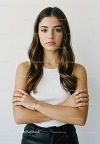 Portrait of a Stylish Young Woman with Crossed Arms and Confident Expression