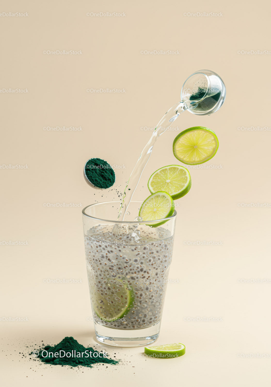 Refreshing chia seed drink with lime and spirulina powder