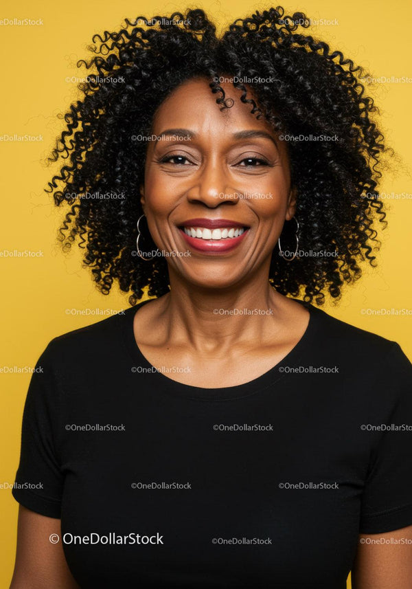 Joyful Black Woman with Curly Hair Smiling Portrait Against Yellow Background