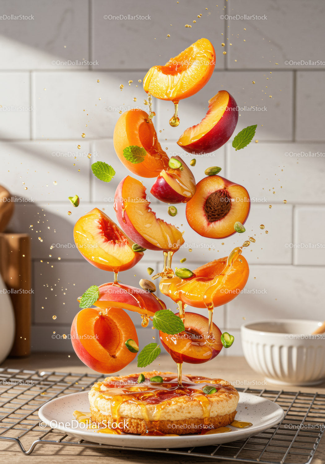 Fresh peach and apricot slices falling onto cake with honey