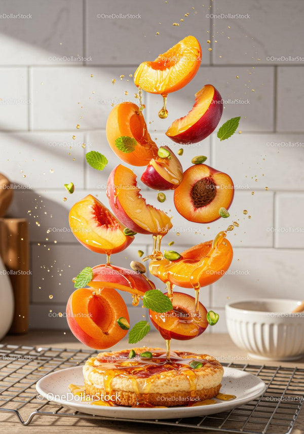 Fresh peach and apricot slices falling onto cake with honey
