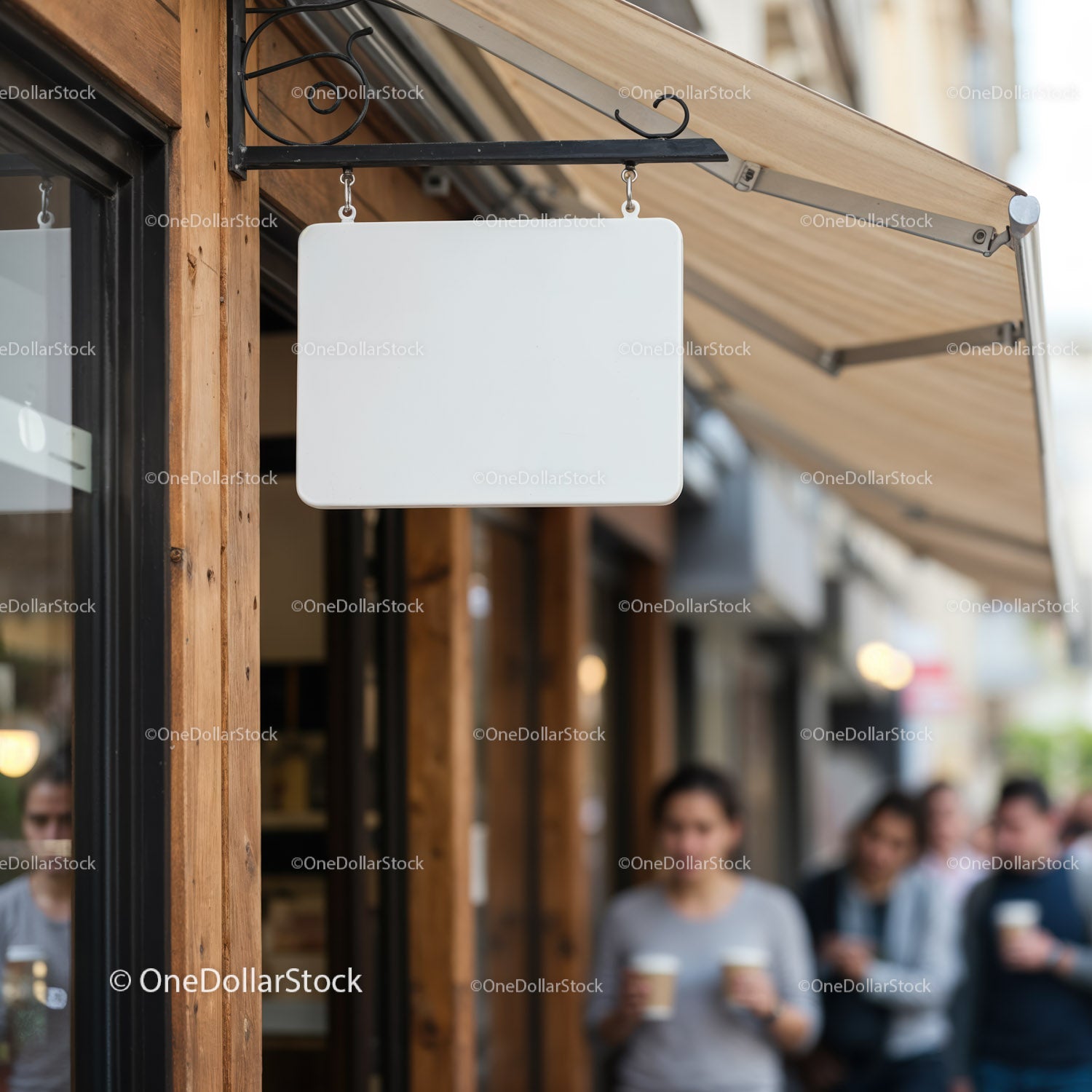 Blank Hanging Sign Outside a Busy Coffee Shop