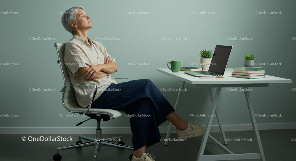 Thoughtful Woman Enjoying Peaceful Moment in Modern Office
