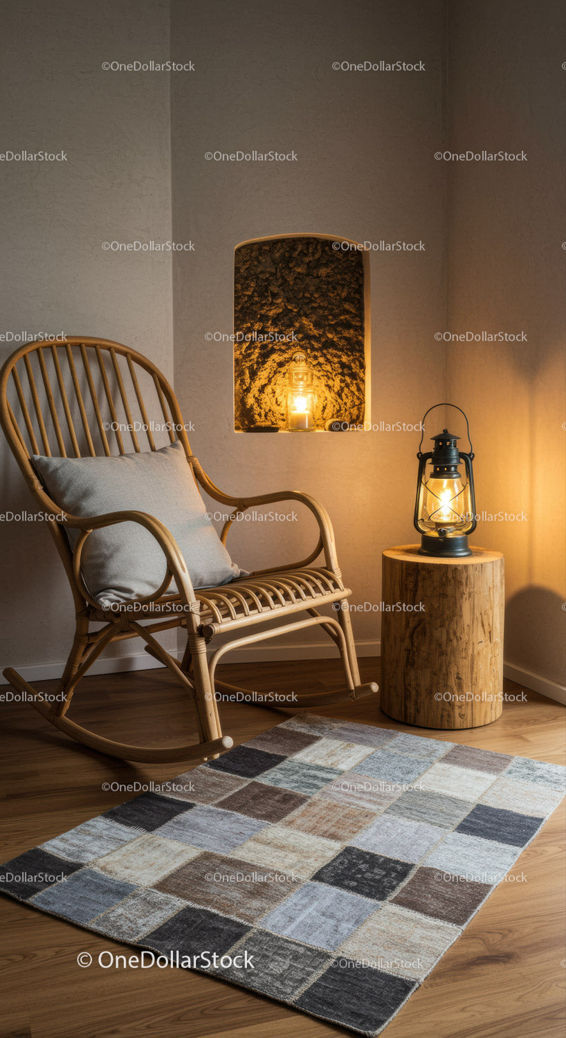 Cozy corner with rattan rocking chair and lantern light