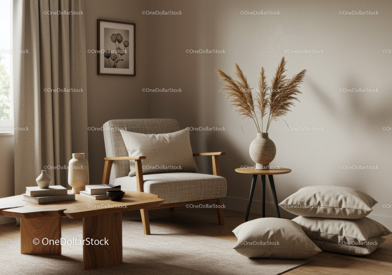 Przytulny, neutralny salon z nowoczesnymi meblami z drewna