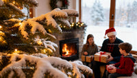 Cozy family exchanging Christmas gifts by fireplace