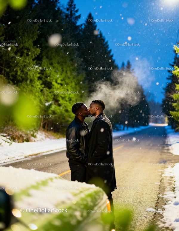 Couple Sharing a Kiss on a Snowy Winter Road