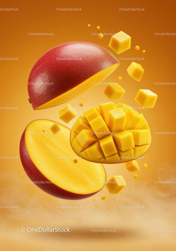 Fresh mango with vibrant diced cubes floating in air