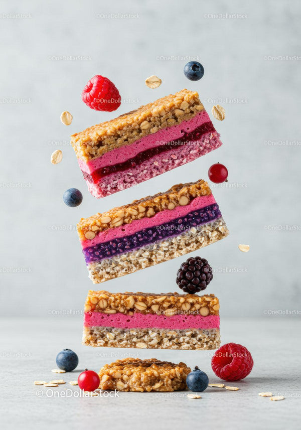 Stack of colorful berry and granola snack bars with fruit