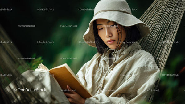 Young Woman Reading Book in Hammock in Forest Setting