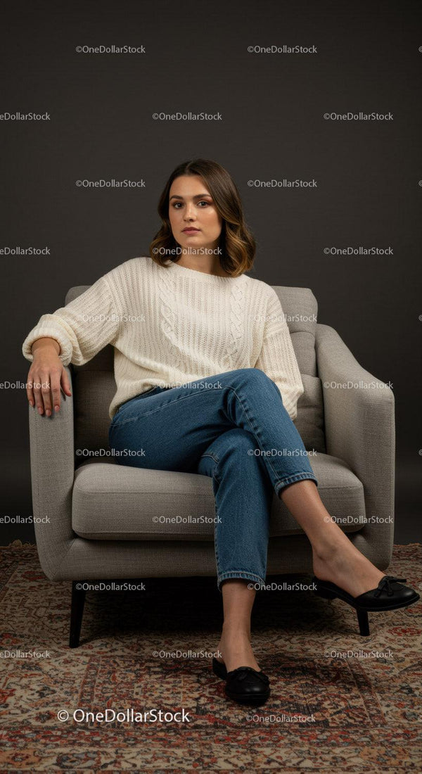 Woman Sitting in a Modern Interior Studio with a Relaxed Pose