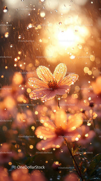 Pink Flower with Water Droplets in Rain Under Golden Sunlight