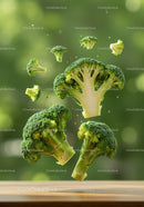 Floating broccoli florets in soft natural light