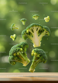 Floating broccoli florets in soft natural light