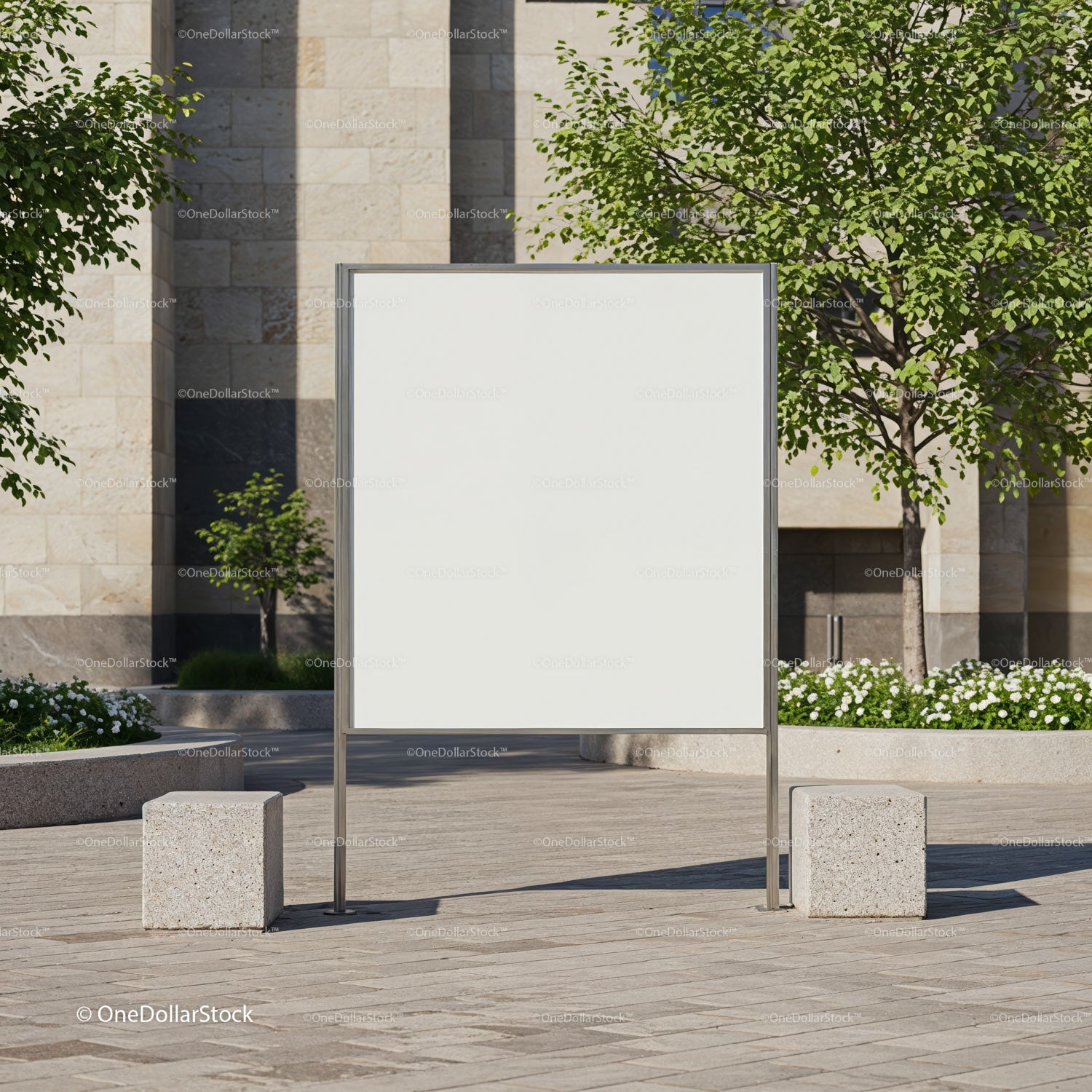 Blank outdoor signboard in modern urban plaza