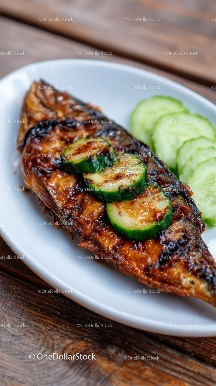 Grilled Fish with Cucumber Slices on White Plate on Wooden Table