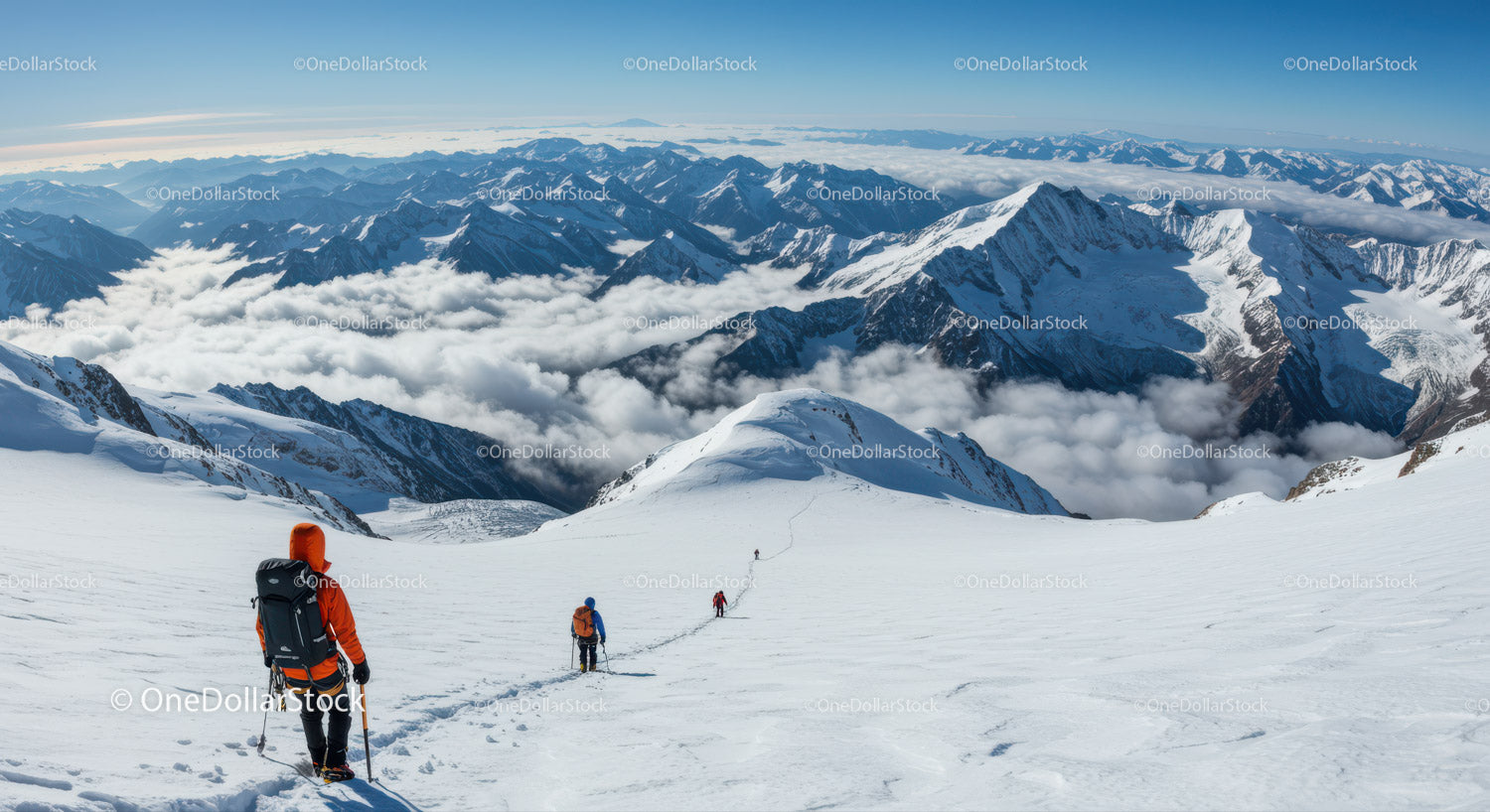 Snowy Mountain Trekking Expedition in the Alps with Cloud-Cover