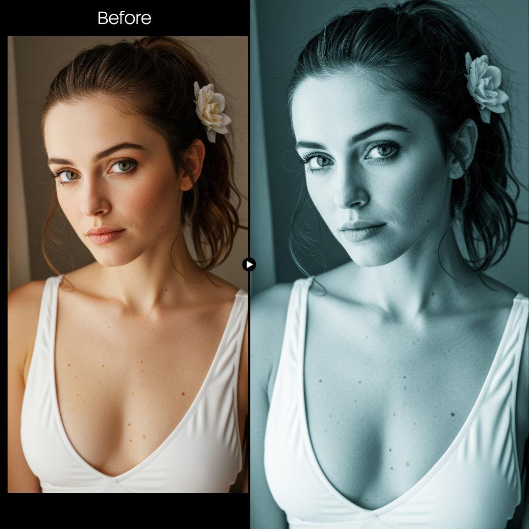 Before and after BW Portraits Teal LUT Pack effect