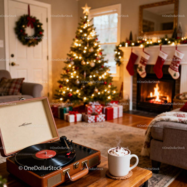 Przytulny salon z choinką i ciepłym kominkiem