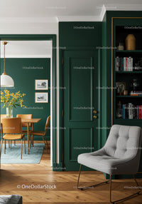 Stylish Modern Living Room with Green Walls and Cozy Gray Armchair