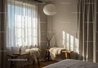 Cozy corner with wooden benches and warm knit throws