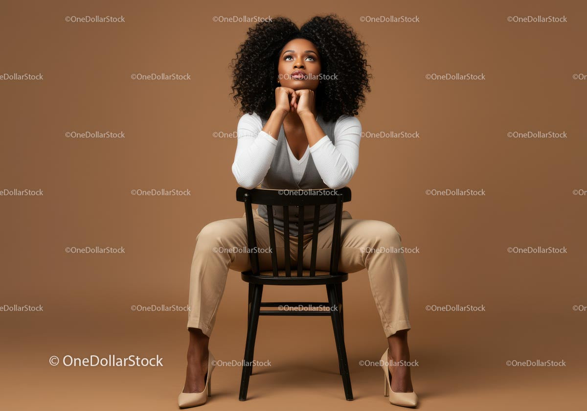 Stylish Woman with Curly Hair Sitting on a Chair in a Studio Setting