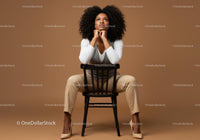 Stylish Woman with Curly Hair Sitting on a Chair in a Studio Setting