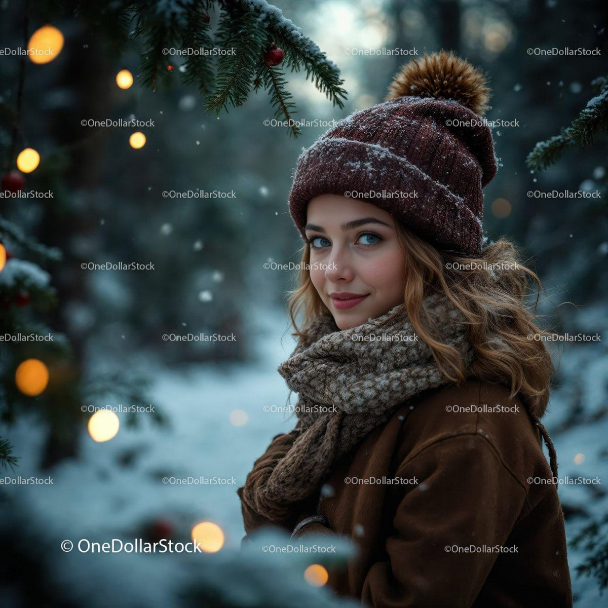 Winter Woman Wearing Warm Hat and Scarf in Snowy Forest