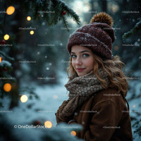 Winter Woman Wearing Warm Hat and Scarf in Snowy Forest