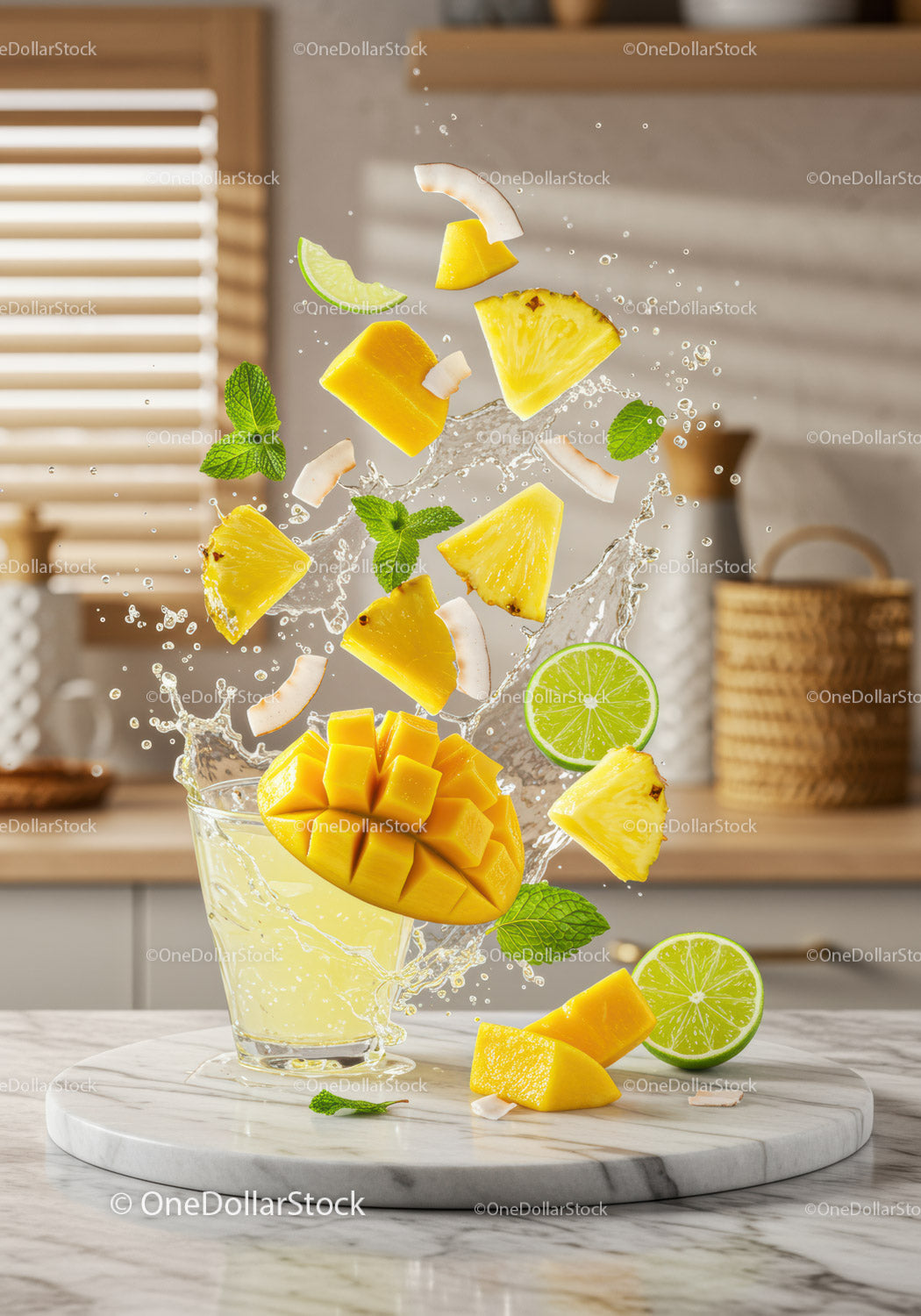 Fresh tropical fruit splash with mango and pineapple juice
