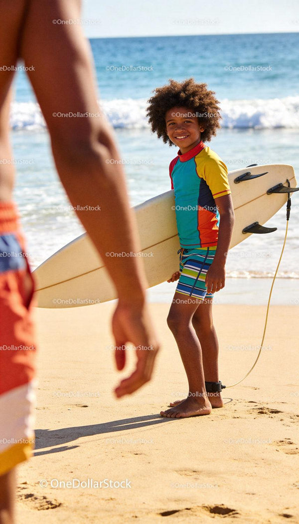 Smiling boy holding surfboard at sunny beach shore